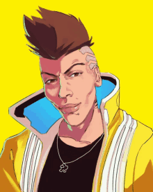 a drawing of a man with a mohawk and a puzzle necklace