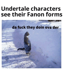 a cat walking in the snow with the caption undertale characters see their fanon forms