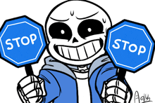 a cartoon drawing of a skeleton holding two blue stop signs