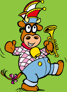 a cartoon of a cow wearing a hat and holding a trumpet