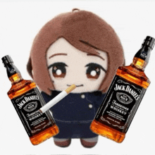 two bottles of jack daniel 's tennessee whiskey next to a stuffed animal smoking a cigarette