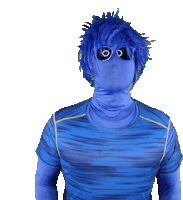 a man wearing sunglasses and a blue shirt has a blue wig on