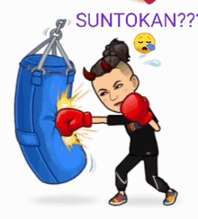 a cartoon of a man punching a blue punching bag with the word suntokan below him