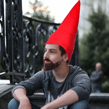 a man with a beard wears a red hat