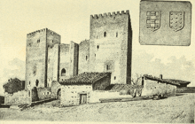 a black and white drawing of a castle with a coat of arms on top