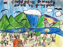 a child 's drawing of a landscape and the words " we could save humanity and live by going green "