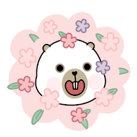 a drawing of a bear surrounded by flowers with its tongue out