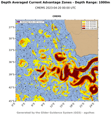 a map showing depth averaged current advantage zones at 1000m