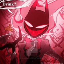 a cartoon character with horns and a bow tie is asking for a drink