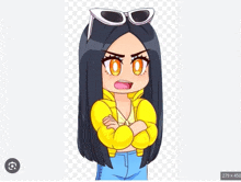 a cartoon girl wearing sunglasses and a yellow jacket looks angry