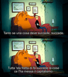 a cartoon of a man sitting on a couch talking to a monster with the words tanto se una cosa deve succede succede