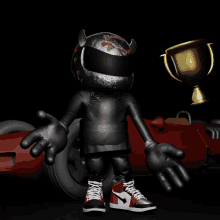 a cartoon character wearing a helmet with horns is standing in front of a red race car