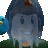 a close up of a cartoon character 's face with a blue bird behind it .