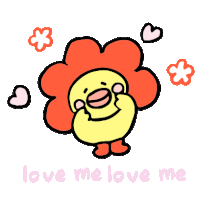 a drawing of a yellow duck with a red flower on its head and the words love me love me below it