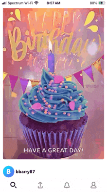 a picture of a birthday cupcake with a candle and the words " have a great day "