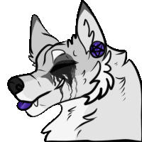 a drawing of a white wolf with a pentagram on its ear .