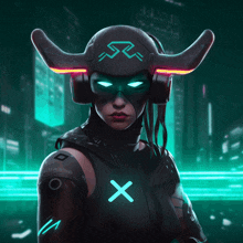 a woman with horns and headphones has a x on her chest