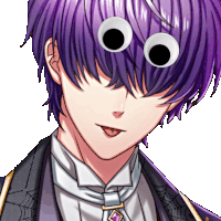 a boy with purple hair has googly eyes on his eyes