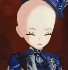 a bald anime character wearing a blue hat and a blue dress .