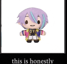 a stuffed doll with purple hair and blue streaks is on a white background with the words this is honestly below it