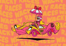 a pink and yellow cartoon car with the number 5