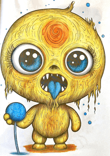 a drawing of a yellow monster holding a blue ball