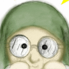 a drawing of a cartoon character wearing glasses and a green hat .