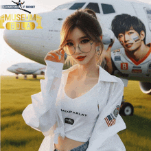 a woman wearing a mixparlay shirt stands in front of a plane