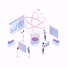 an illustration of a group of people standing around a glowing atomic structure