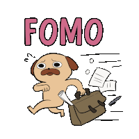 a cartoon of a pug running with a briefcase and the word fomo on the top