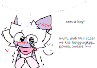 a drawing of a cat with the words " sees a boy " below it