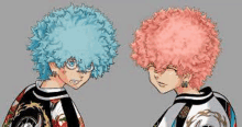 a couple of anime characters with curly hair are standing next to each other .