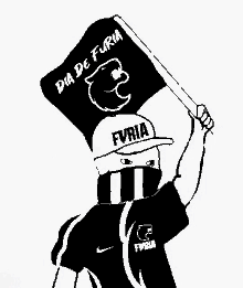 a black and white drawing of a person holding a flag with the words dia de furia on it .