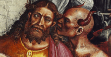 a painting of a man with horns kissing another man 's cheek