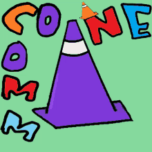 a cartoon drawing of a purple traffic cone with the word cone on top