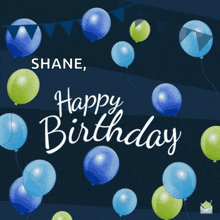 a happy birthday card with blue and green balloons and the name shane