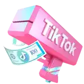 a pink tiktok gun with money coming out of it on a white background .