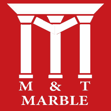 a red and white logo for m & t marble with columns