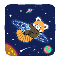 a cartoon of a red panda flying through space with a planet in the background