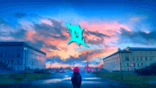 a girl in a pink hat stands in front of a building with a blue star in the sky