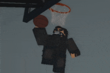 a man with a beard is dunking a basketball in a hoop that says ' nba ' on it