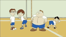 a group of cartoon characters are standing on a court and one of them has a large belly