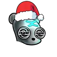 a cartoon of a bear wearing a santa hat with hype written on its eyes