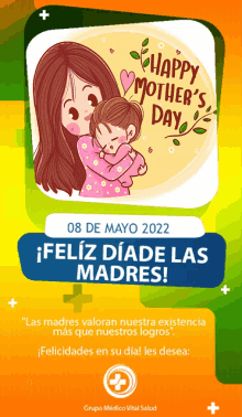 a poster that says happy mother 's day with a woman holding a child