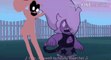 a cartoon of a girl and a purple cartoon character with the words " it swell to finally meet her " at the bottom