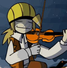 a cartoon of a man playing a violin with a yellow hat on