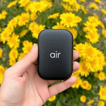 a person holding a small black air device in front of a field of yellow flowers