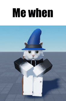 a white cat wearing a blue hat and black pants with the words me when below it