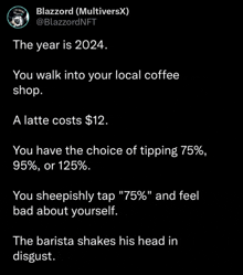 the year is 2024 and you walk into your local coffee shop a latte costs $ 12