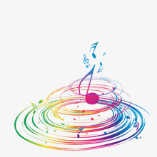 a colorful swirl of music notes with a treble clef in the center